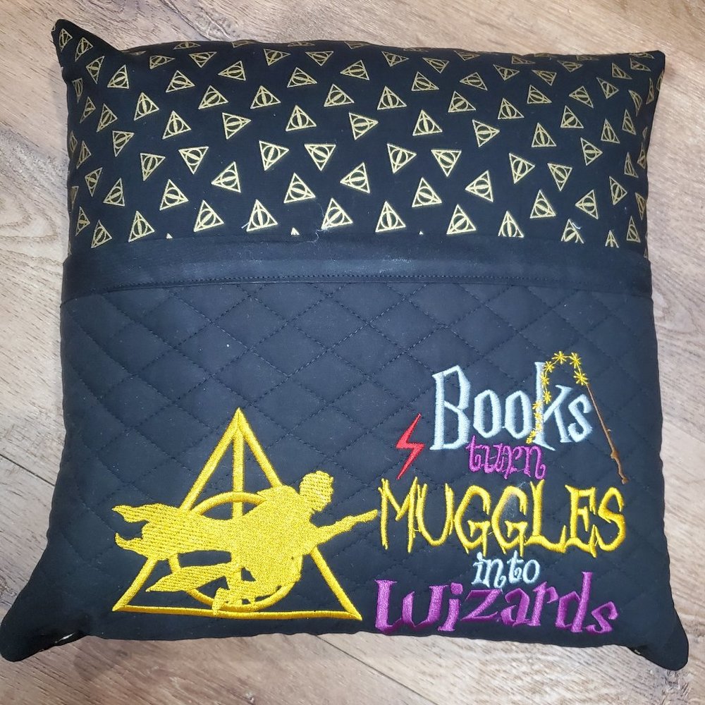 Harry Potter Muggles Reading Book Pocket Pillow.  16"x16"